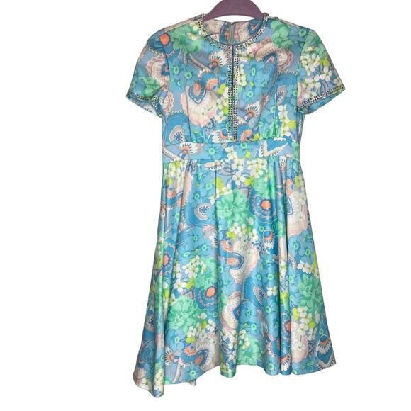 Vintage 60s 70s Nardiello for Rona NY Floral Dress DeepV Rhinestones Size Small - Picture 12 of 13